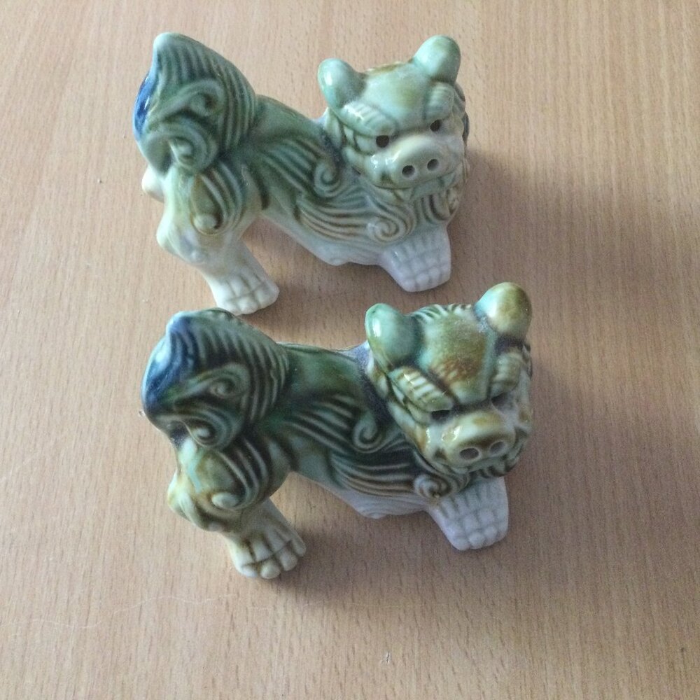 Pair Vintage foo dog lion figurines green blue ceramic san cai lucky